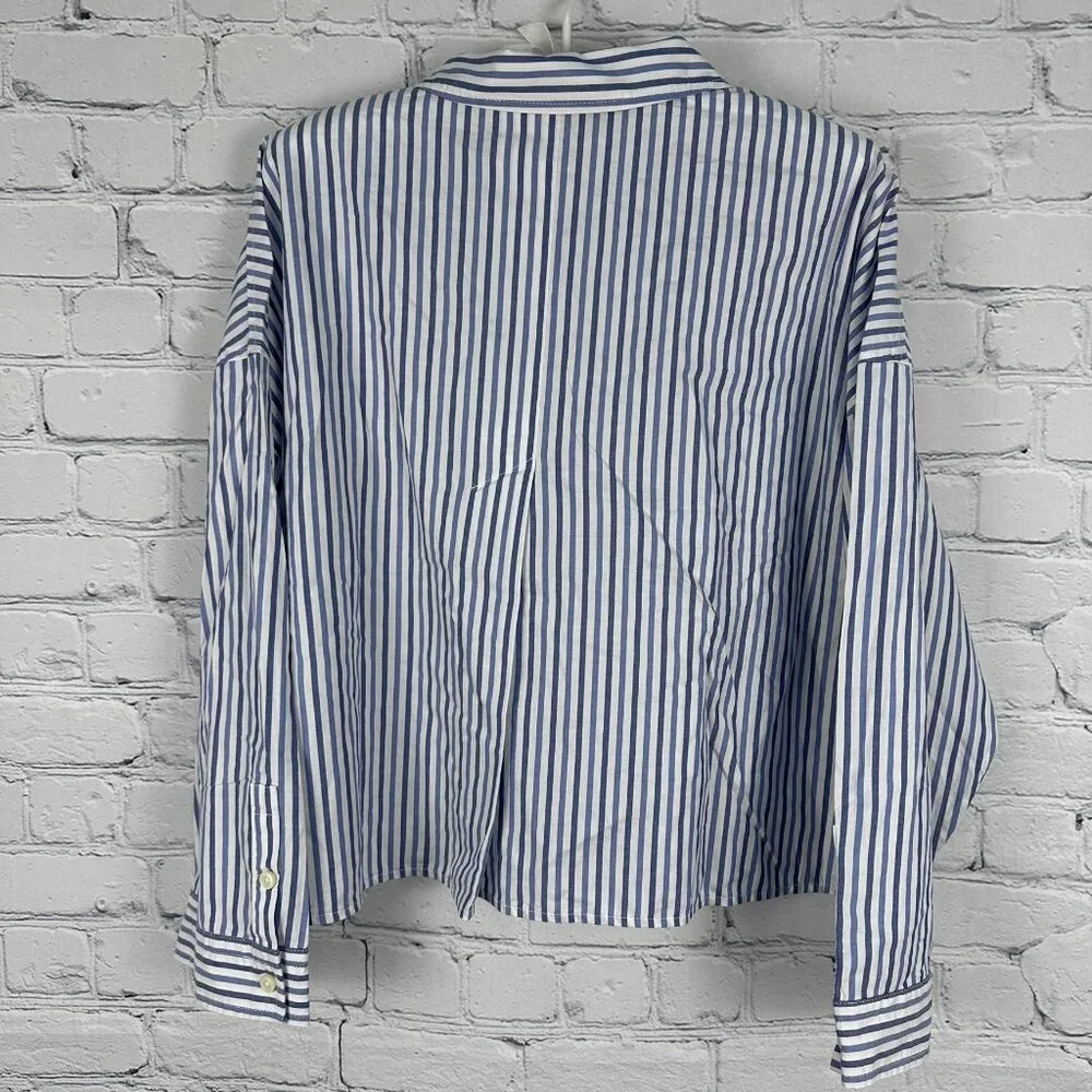 Everlane‎ Women's The Woven 100% Cotton Long Sleeve PJ Pajama Top, Blue Stripe
